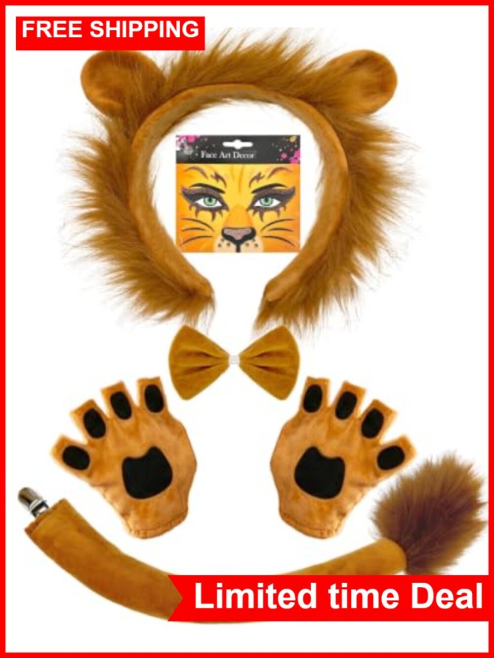 5 Piece Lion Costume Set Adult Plush Faux Fur Mane Tail Gloves Bow Tie